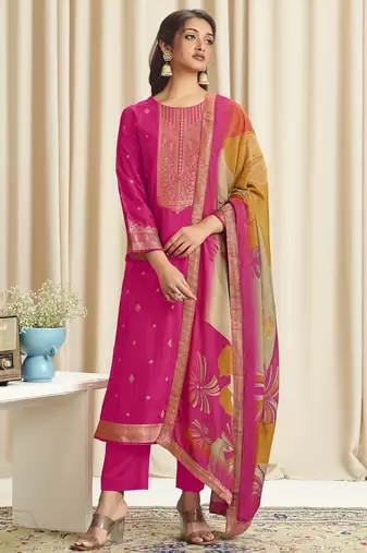 magenta dola silk jacquard digital printed dress material