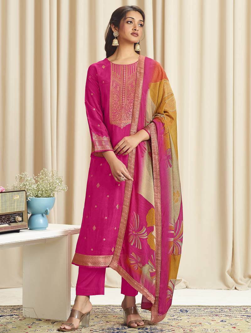 magenta dola silk jacquard digital printed dress material