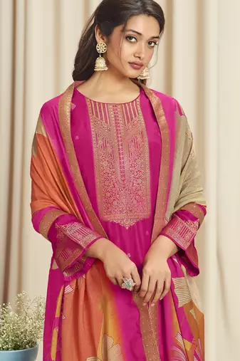 magenta dola silk jacquard digital printed dress material