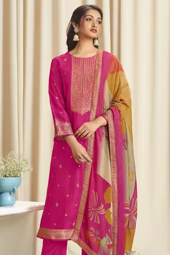 magenta dola silk jacquard digital printed dress material