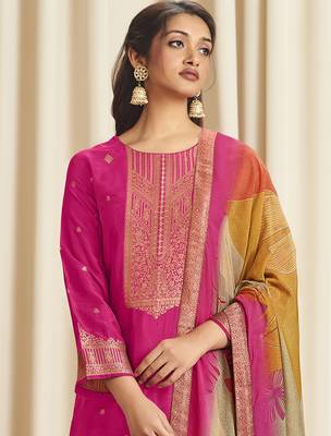 magenta dola silk jacquard digital printed dress material 4
