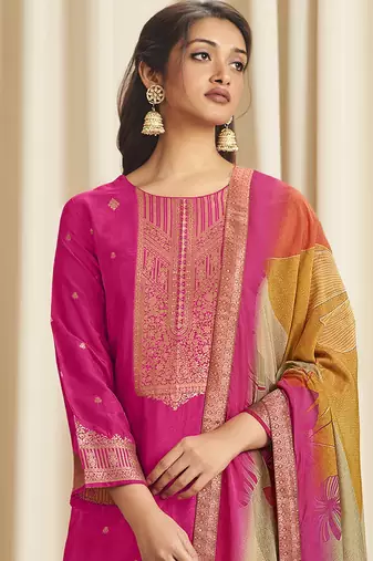 magenta dola silk jacquard digital printed dress material