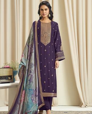 violet dola silk jacquard digital printed dress material 1