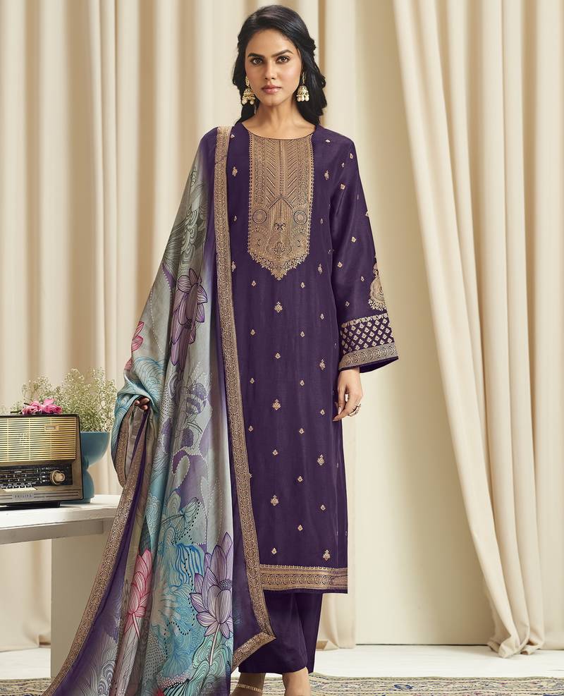 violet dola silk jacquard digital printed dress material
