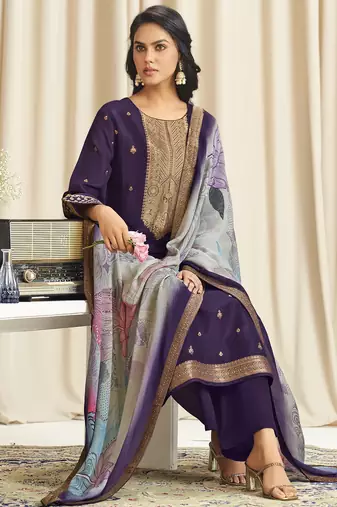 violet dola silk jacquard digital printed dress material