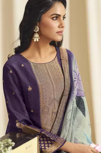 violet dola silk jacquard digital printed dress material