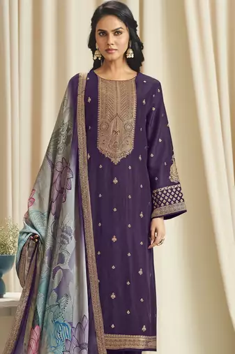 violet dola silk jacquard digital printed dress material