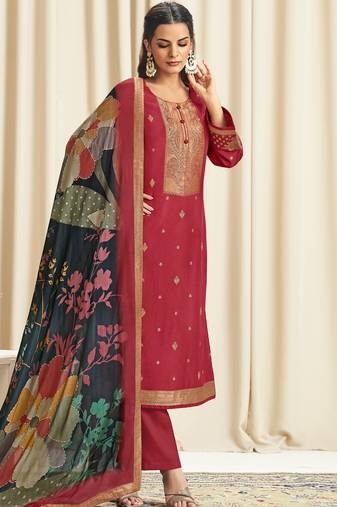 red dola silk jacquard digital printed dress material
