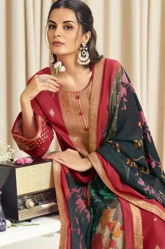 red dola silk jacquard digital printed dress material