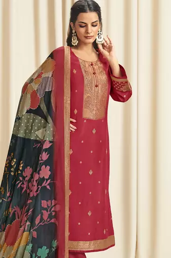 red dola silk jacquard digital printed dress material
