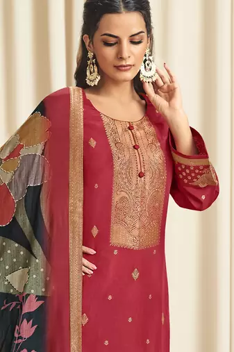 red dola silk jacquard digital printed dress material