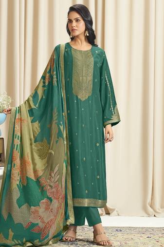 green dola silk jacquard digital printed dress material