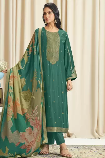 green dola silk jacquard digital printed dress material
