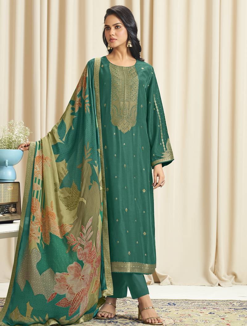 green dola silk jacquard digital printed dress material