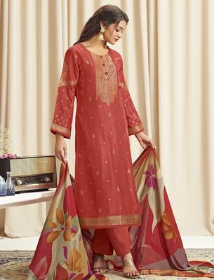 orange dola silk jacquard digital printed dress material 1