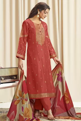 orange dola silk jacquard digital printed dress material