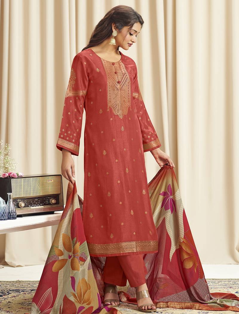 orange dola silk jacquard digital printed dress material