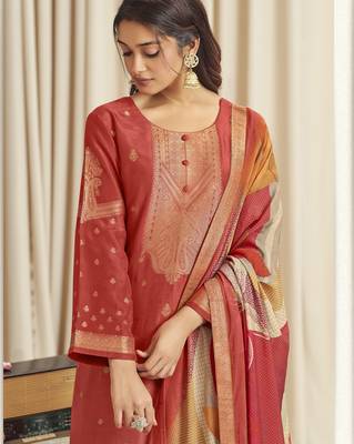 orange dola silk jacquard digital printed dress material 2
