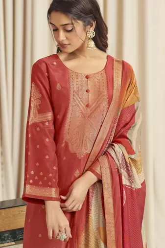 orange dola silk jacquard digital printed dress material