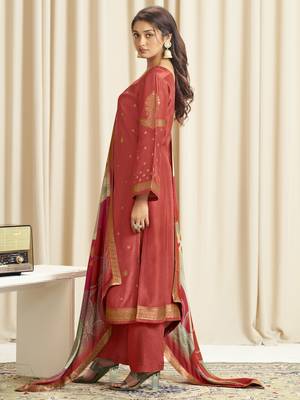 orange dola silk jacquard digital printed dress material 3