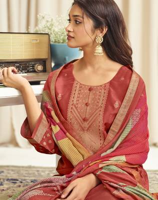 orange dola silk jacquard digital printed dress material 4