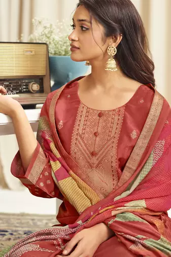 orange dola silk jacquard digital printed dress material