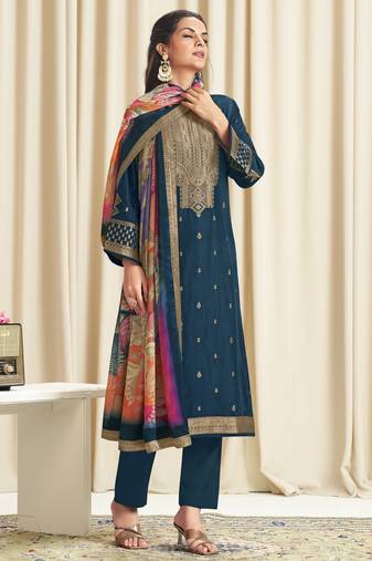 navy blue dola silk jacquard digital printed dress material