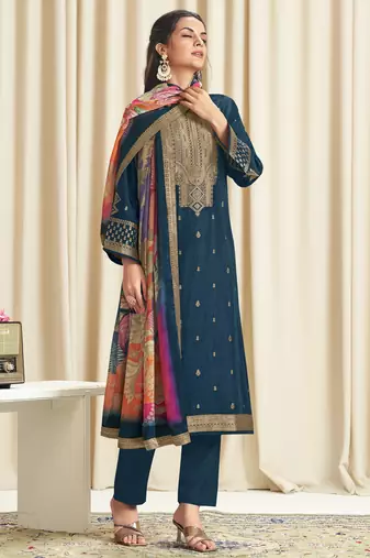 navy blue dola silk jacquard digital printed dress material