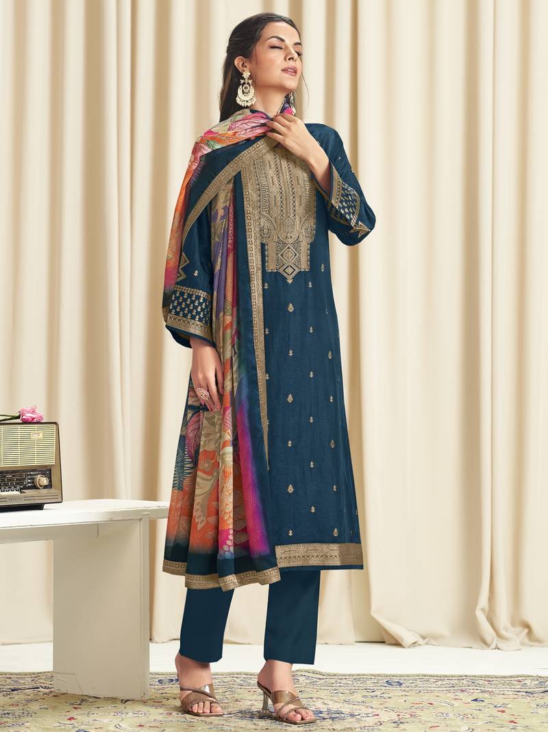 navy blue dola silk jacquard digital printed dress material