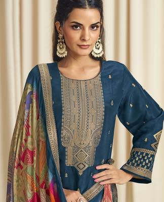 navy blue dola silk jacquard digital printed dress material 2