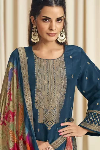 navy blue dola silk jacquard digital printed dress material