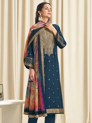navy blue dola silk jacquard digital printed dress material 3