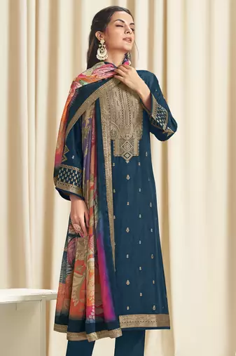 navy blue dola silk jacquard digital printed dress material