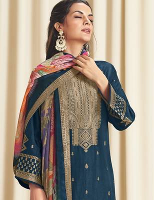 navy blue dola silk jacquard digital printed dress material 4