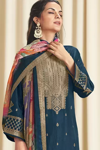 navy blue dola silk jacquard digital printed dress material