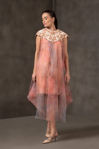 Peach embroidered net dress