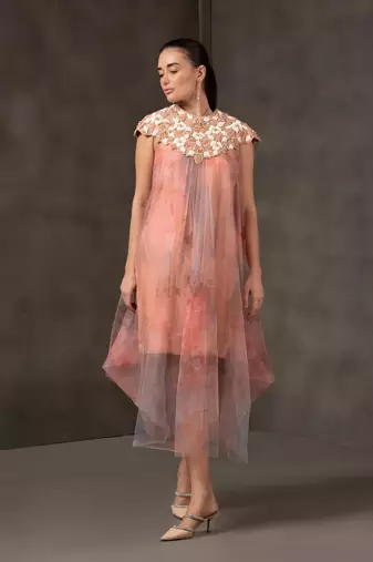 Peach embroidered net dress
