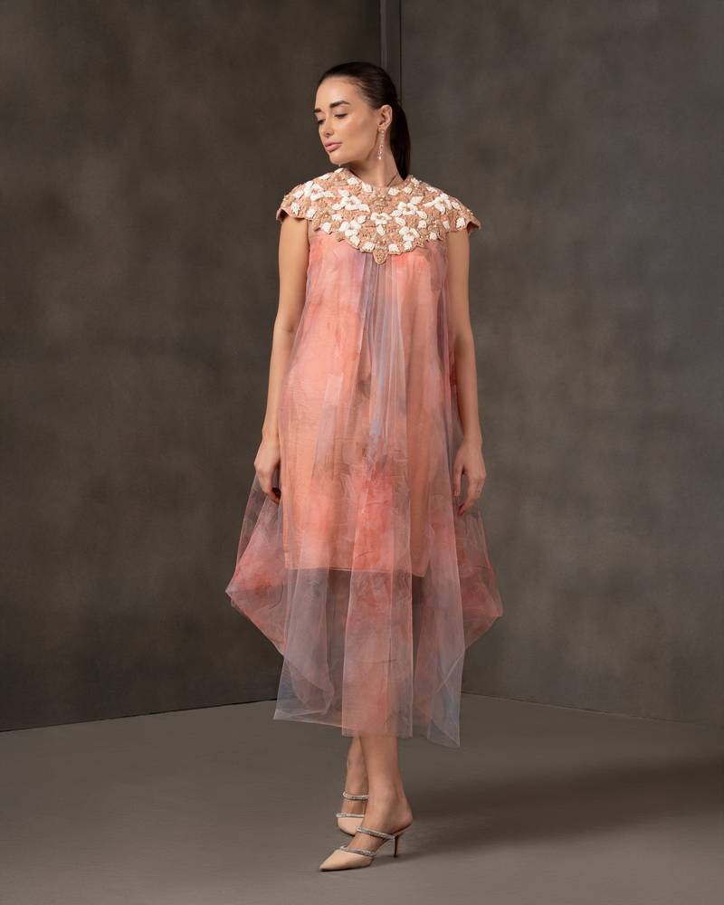 Peach embroidered net dress