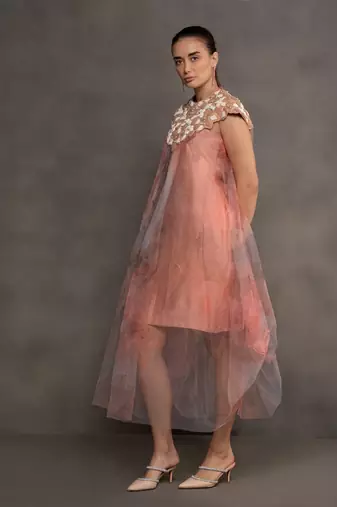 Peach embroidered net dress