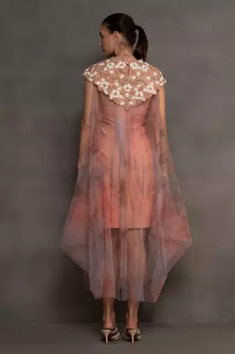 Peach embroidered net dress