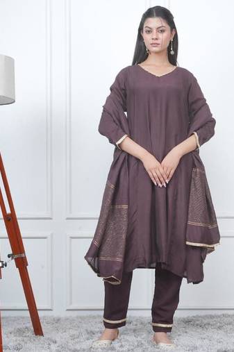 Brown kali kurta set with fida dupatta