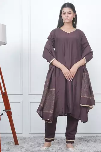 Brown kali kurta set with fida dupatta