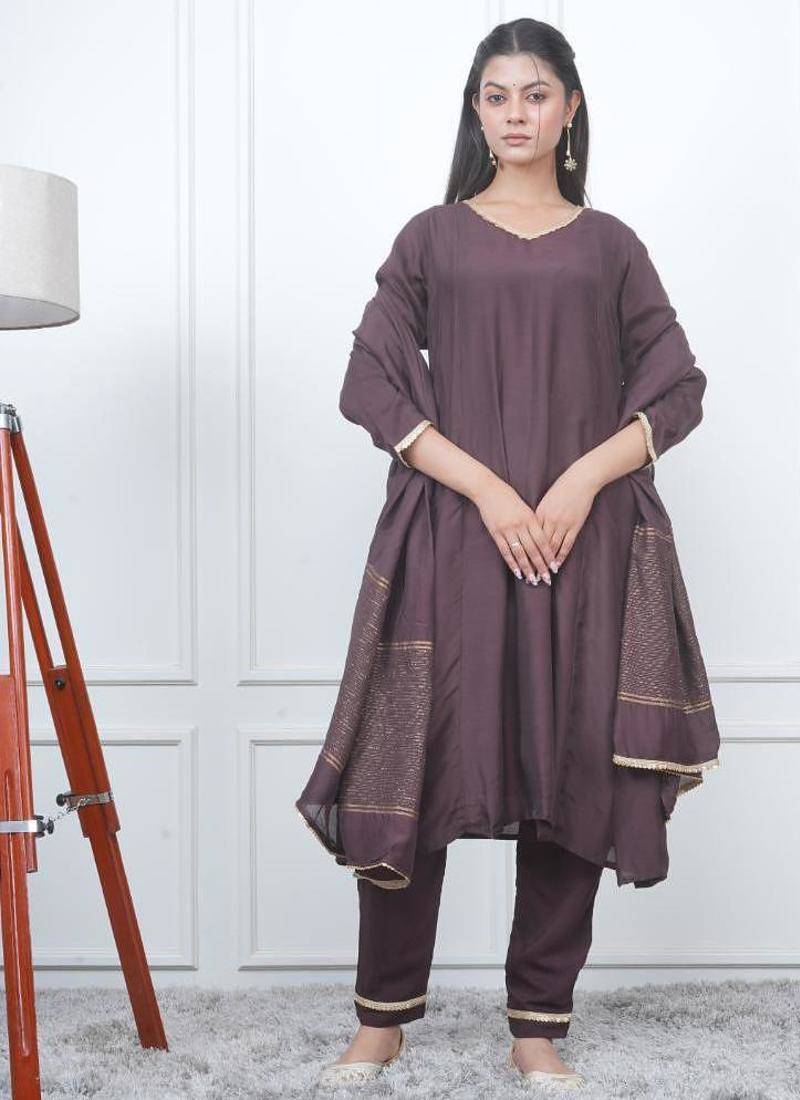 Brown kali kurta set with fida dupatta