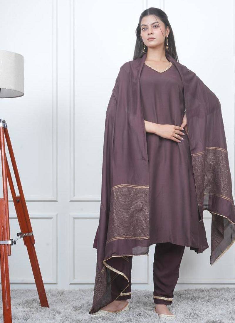 Brown kali kurta set with fida dupatta