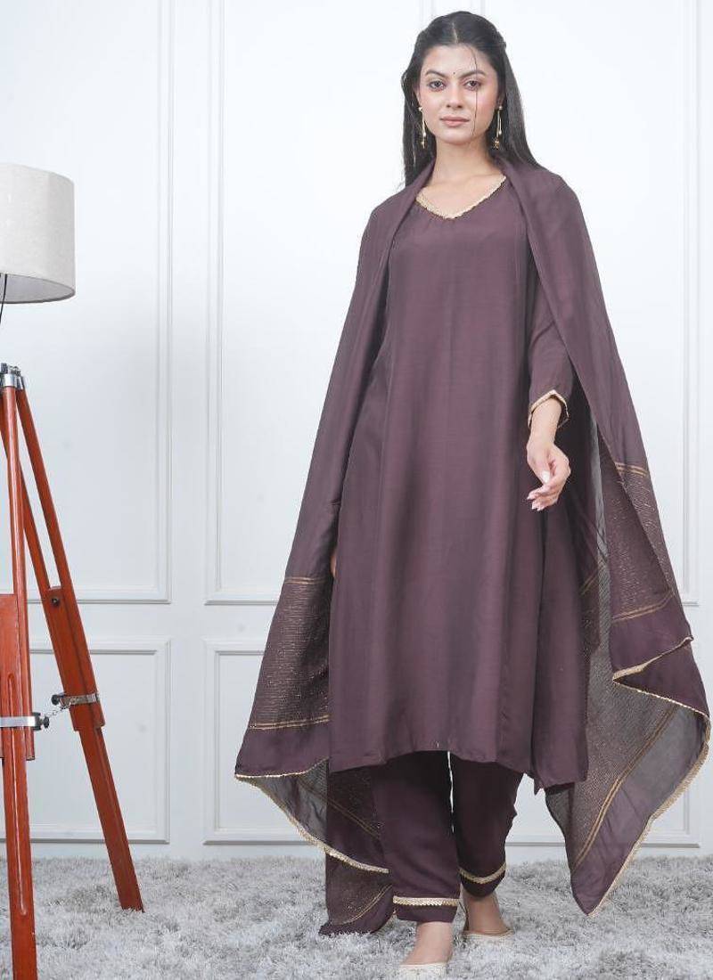 Brown kali kurta set with fida dupatta