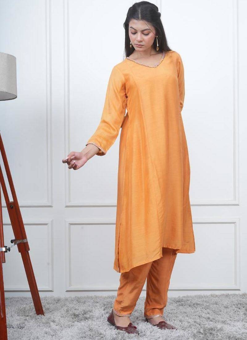 Orange kali kurta set with fida dupatta