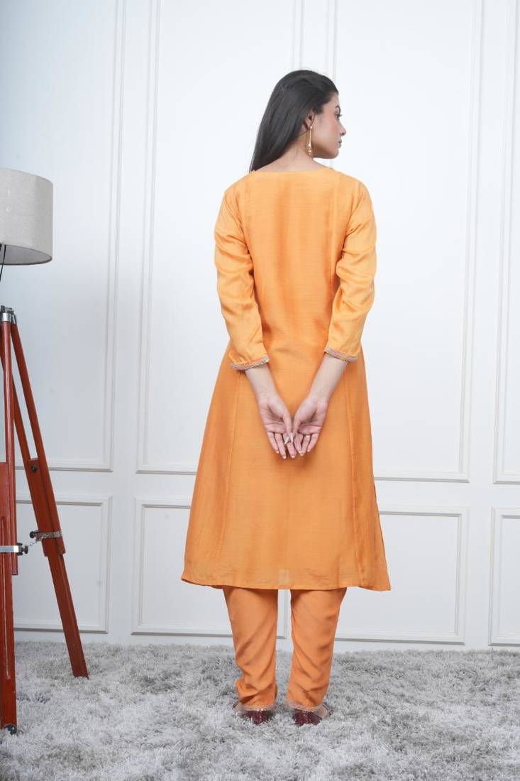 Orange kali kurta set with fida dupatta