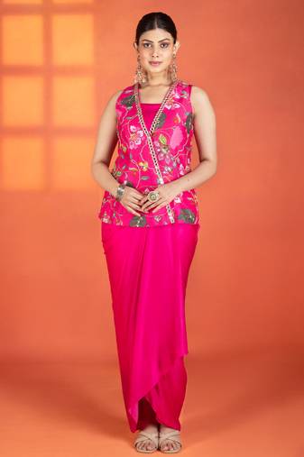 Fuchsia embroidered silk skirt set