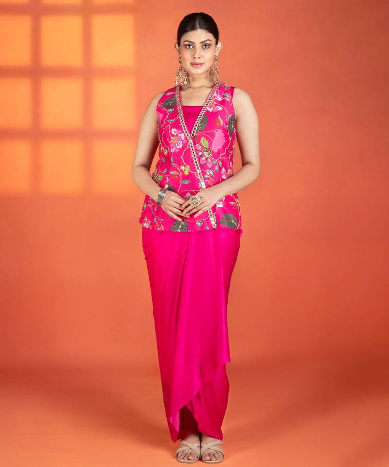 Fuchsia embroidered silk skirt set