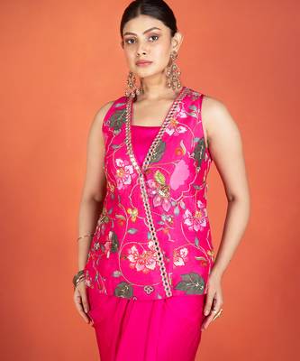 Fuchsia embroidered silk skirt set 2